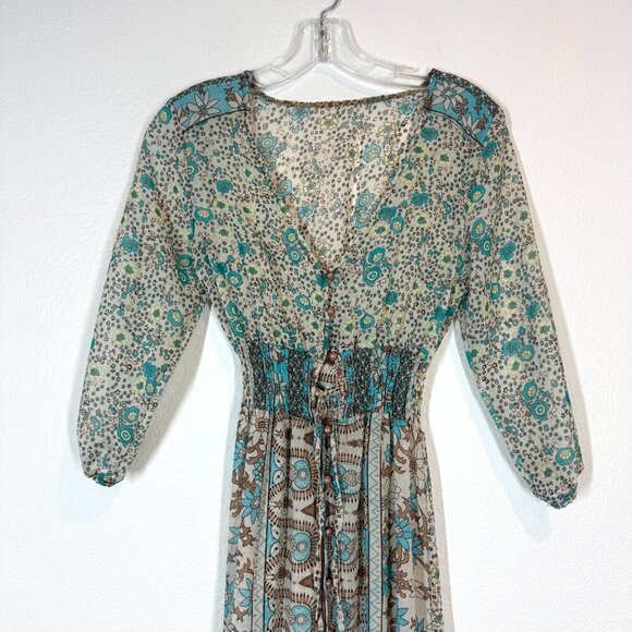 Bohemian Floral Chiffon Long Maxi Dress Sheer Coastal Flowy Beachy XS - Picture 5 of 12